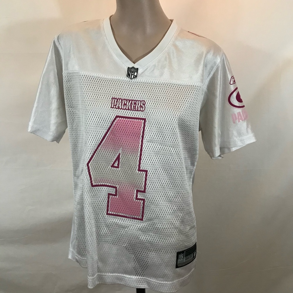 Brett Farve #4 Packers NFL White and Pink V-Neck Jersey